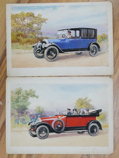 Charles Thomas Howard (1865-1942), two original watercolours for postcards, Vintage cars comprising Rolls Royce and Napier Limousine Landaulette, inscribed in pencil to the margins, 25 x 37cm, unframed. Condition - fair